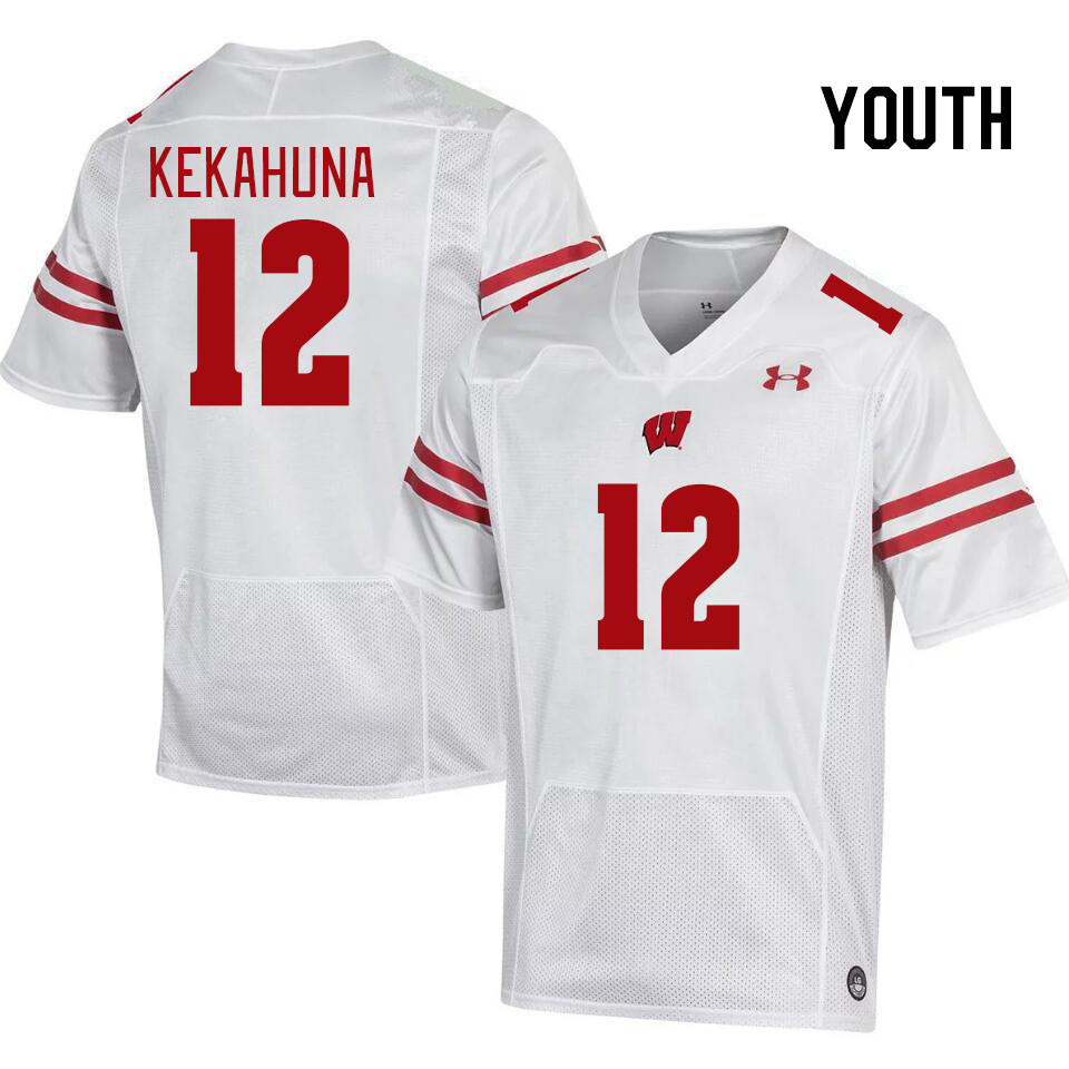 Youth #12 Trech Kekahuna Wisconsin Badgers College Football Jerseys Stitched Sale-White